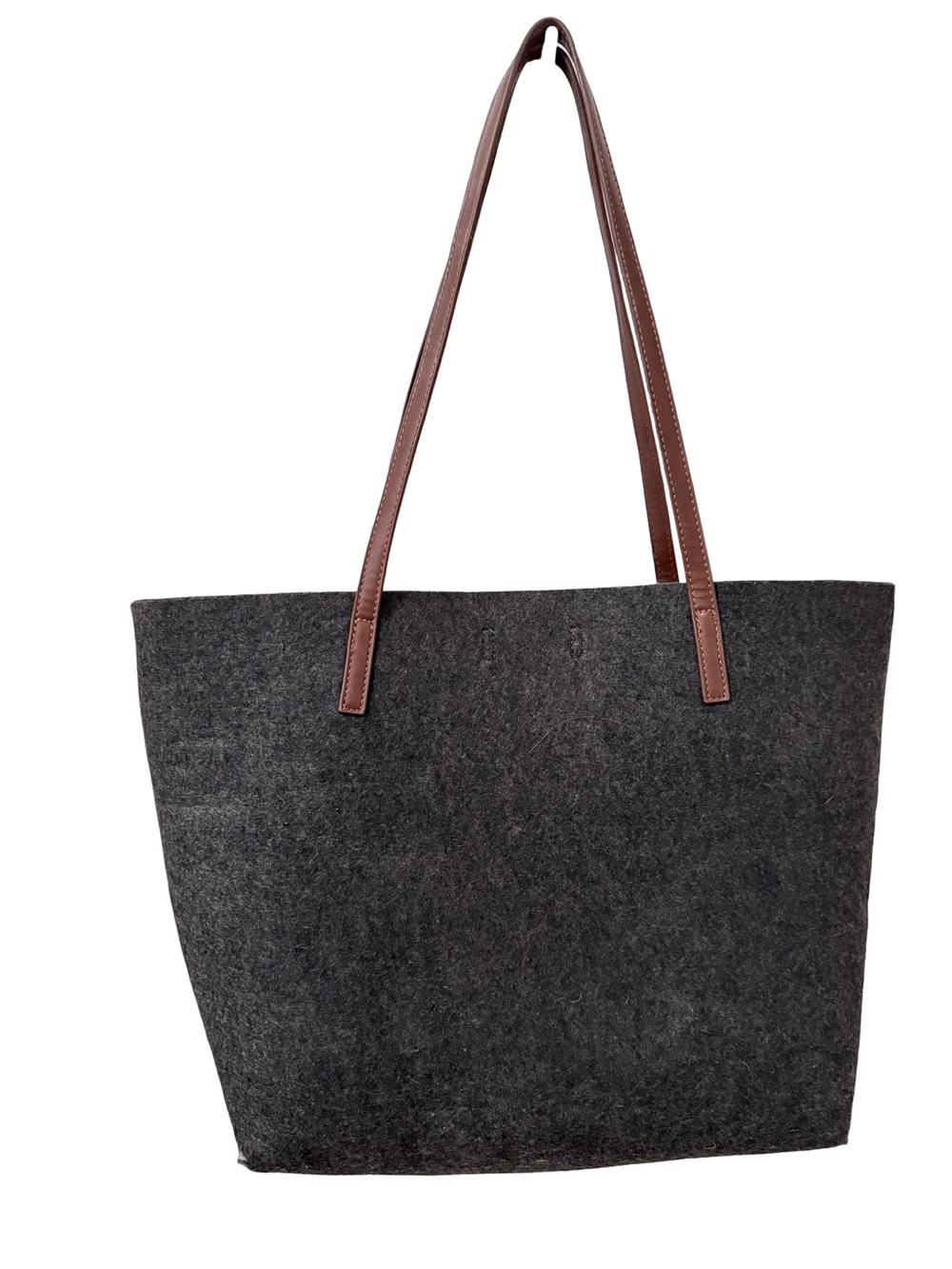 Classic Dark Gray Felt-like Tote Bag with Brown Straps